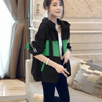 2023 Корейская Повседневная куртка с капюшоном Женская Короткая Демисезонная Мода в стиле Пэчворк Новое Пальто Свободное Пальто Простая Женская одежда