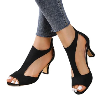 2023 Новые комфортные однотонные сандалии, Модные женские летние римские сандалии на шпильке с застежкой-молнией сзади, 35-43 года, женские летние сандалии на шпильке сбоку.