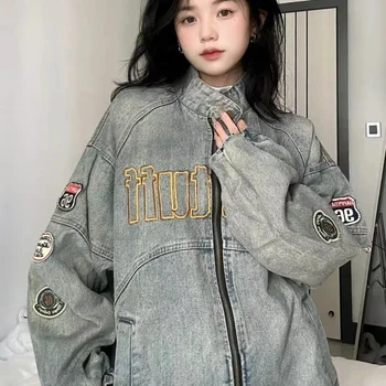 Весенняя женская Винтажная технологичная одежда, джинсовая куртка Cyber Y2k в готическом стиле, базовые куртки, женское пальто, Кардиган Для женщин, бейсбольная туника Harajuku