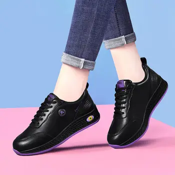 Новая модная кожаная обувь черного цвета, молодежные кроссовки, легкая износостойкая повседневная спортивная обувь, женская обувь с круглым носком