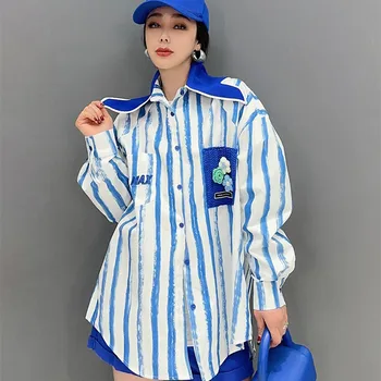 2023 Spring Autumn Stripe Shirt For Women Polo Collar Blouse Casual Loose Thin Outfit Clothes Женская рубашка с длинным рукавом