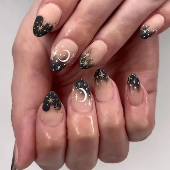 3D набор накладных ногтей faux ongles короткие миндалевидные наконечники аксессуары для маникюра DIY матовый черный дизайн moon star press on набор накладных ногтей