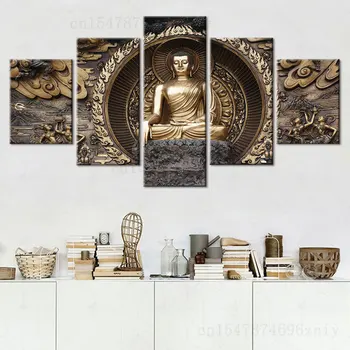 5 Панелей Бронзовый Будда в китайском стиле Декоративная картина на холсте Дзен-арт Религиозная гостиная без художественных работ HD Печать фотографий на стене