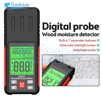 HT633 Цифровой измеритель влажности древесины Профессиональный Гигрометр древесины 0 ~ 57% Портативный инструмент для измерения влажности древесины с ЖК-дисплеем Сопротивление Детектору влажности древесины