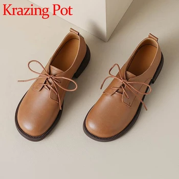 Krazing Pot 2023 Весенняя обувь из натуральной кожи с круглым носком на среднем каблуке Нейтрального винтажного цвета, дышащие туфли-лодочки бренда Maiden для отдыха на шнуровке
