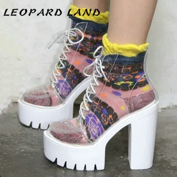 LEOPARD LAND 2021 Модные женские ботинки на квадратном каблуке, Высокие прозрачные женские ботинки на толстой платформе, водонепроницаемые ботинки для ночного клуба, для подиума, JXQ