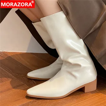 MORAZORA/ 2023, Новый размер 34-42, женские ботинки до середины икры, Зимние ботинки из натуральной кожи, женские лаконичные туфли на среднем квадратном каблуке