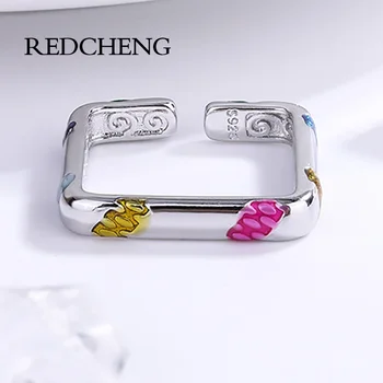 Redcheng, Серебристый Цвет, Многоцветное Кольцо с глазурью для женщин, Простой Винтажный Модный Креативный Квадратный Геометрический Подарок для вечеринки