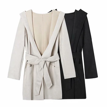 ZA 2020, новое женское длинное пальто, элегантное пальто с отложным воротником и поясом, дизайн с открытой строчкой, осеннее пальто Casaco Feminino