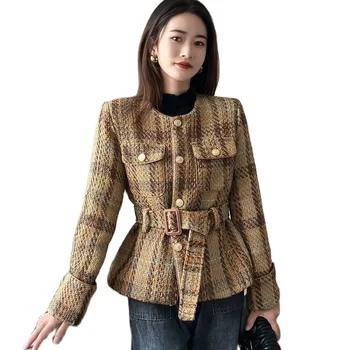 Высококачественная женская Короткая куртка из винтажной твидовой шерсти с поясом, Осеннее Женское Повседневное Однобортное Тонкое Офисное Женское пальто, верхняя одежда
