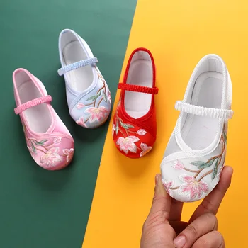 Вышитые цветами балетки на плоской подошве для девочек, китайские детские модельные туфли Hanfu Kawaii, карнавальный фестиваль, повседневные тонкие туфли на плоской подошве