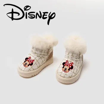 Детские ботинки с Микки Маусом из мультфильма Disney, противоскользящие, с мягкой подошвой, толстые, теплые, зимние ботинки, модные ботинки, хлопковая обувь для девочек