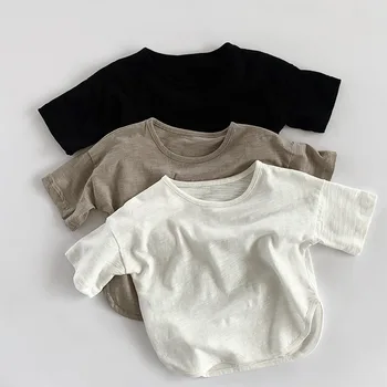 Детский пуловер, топы, хлопковая однотонная футболка с короткими рукавами, детская одежда в корейском стиле, летняя футболка для маленьких девочек и мальчиков