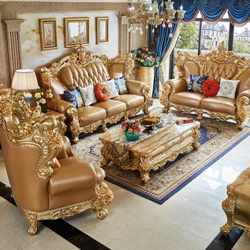 Европейский Стиль, Сочетание диванов из натуральной кожи, Роскошная гостиная с мебелью из массива дерева, Резная Корона, Полный Комплект домашней мебели