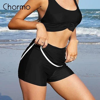 Женская мини-юбка для плавания Charmo с высокой талией, Эластичные встроенные шорты для мальчиков, Танкини, бикини, купальники с цветным блоком, низом
