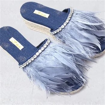 Женская обувь из перьев, плетеная из соломы, на высоком каблуке с бриллиантовой цепочкой, женские панталоны из синего меха норки, Zapatos Mujer, женская обувь с круглым носком
