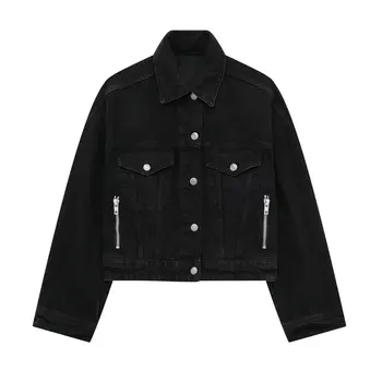 Женщины 2023, новая модная черная куртка на молнии, пальто, винтажная короткая женская верхняя одежда на пуговицах с длинным рукавом, шикарная верхняя рубашка