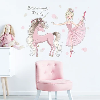 Красивые наклейки на стену с розовым единорогом для балерины, декоративные виниловые наклейки на стены в комнате для девочек, Детская спальня, декор для гостиной, наклейки на стены
