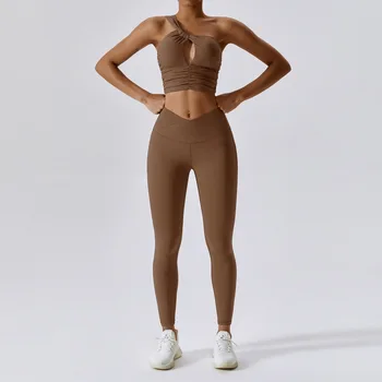 Леггинсы с высокой талией + плиссированный бюстгальтер, Женский открытый комплект из двух предметов для йоги, одежда для фитнеса, Быстросохнущая спортивная одежда для бега, спортивные костюмы