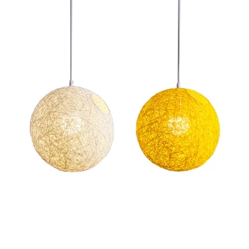 Люстра с шариками из бамбука, ротанга и пеньки, 2 шт., Индивидуальное творчество, Сферический абажур из ротанга в виде гнезда - белый и желтый