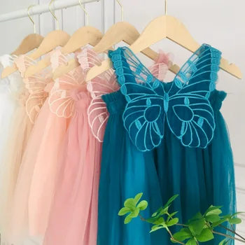 Милое сетчатое платье для девочек с V-образным вырезом, без рукавов, с аппликацией в виде бабочки сзади, Свободное платье принцессы трапециевидной формы, 2023, Летняя Новая детская одежда