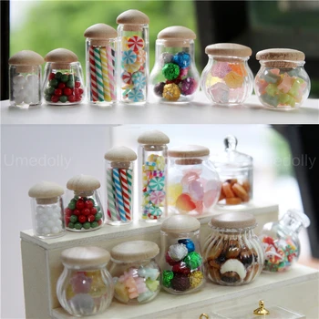 Миниатюрный кукольный домик 1: 12, стеклянная банка для конфет с деревянной крышкой, мини-канистра для кукольной кухни Barbies OB11, Аксессуары для игрушек