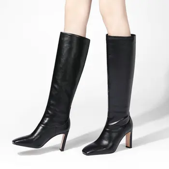Модные сапоги до колена с квадратным носком 2021 года, осенне-зимние женские ботинки, длинные сапоги на высоком квадратном каблуке, женские ботинки на молнии