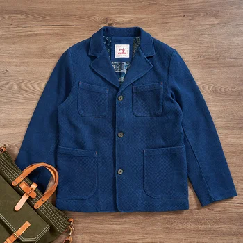 Мужской вельветовый пиджак цвета индиго, синий, обычного покроя, элегантный повседневный винтажный костюм-мешок во французском стиле, весна-осень