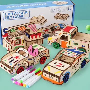 Наборы моделей автомобилей, забавные с цветными маркерами, пазлы, Деревянные игрушки своими руками, набор из 4 Уникальных игрушек для детского Дня рождения, взрослых, подростков