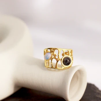 Натуральный опал Aneebayh, полые геометрические открытые кольца из нержавеющей стали, Регулируемые водонепроницаемые украшения из 14-каратного золота для женщин