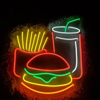 Неоновая вывеска для бургеров, картофельных чипсов и напитков с питанием от USB для декора стен кухни, светодиодная неоновая ночная лампа с регулируемой яркостью для ресторана