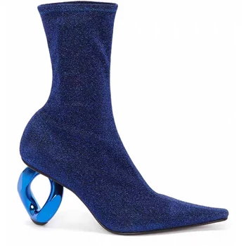 Новая модная женская обувь Эластичные ботильоны на поломанном каблуке с острым носком, пикантные сверкающие вечерние туфли, цвет Черный, золотистый, серебристый, синий, Большой размер