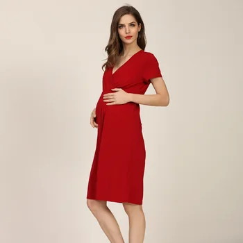 Новое платье для беременных и кормящих женщин с коротким рукавом, однотонные платья для беременных с V-образным вырезом, модная повседневная одежда для кормления