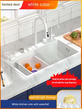 Новый продукт Раковина с водопадом из нержавеющей стали 304, большой белый кухонный умывальник с одним корытом, умывальник для домашней посуды ручной работы