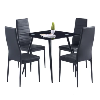 Обеденный стол и стулья В комплект входят 1 обеденный стол из черного квадратного стекла + 4 обеденных стула с элегантной текстурой зачистки и высокой спинкой