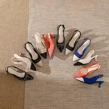 Обувь японской принцессы, Новинка 2023 года, Летние вязаные туфли на кошачьем каблуке, дышащие женские босоножки на высоком каблуке с полым ремешком сзади