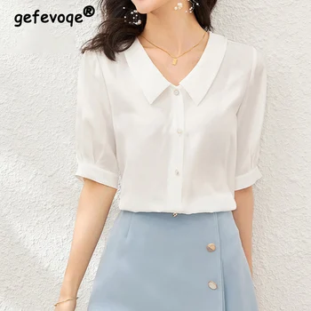 Однотонная универсальная блузка для поездок на работу, летняя Корейская прямая модная женская одежда с коротким рукавом, однобортная рубашка с воротником-поло