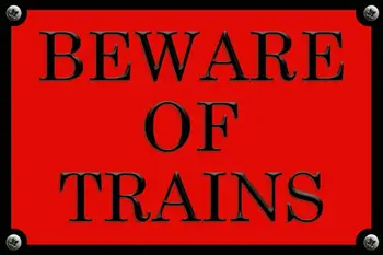 Остерегайтесь поездов, красная металлическая табличка в стиле ретро, ПРИМЕЧАНИЕ: недавно напечатанная, без тиснения.