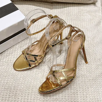 Пикантные Роскошные Золотые босоножки на высоком каблуке, Летняя Новая модная кожаная женская обувь, Элегантные женские модельные туфли с пряжкой и ремешком для вечеринки