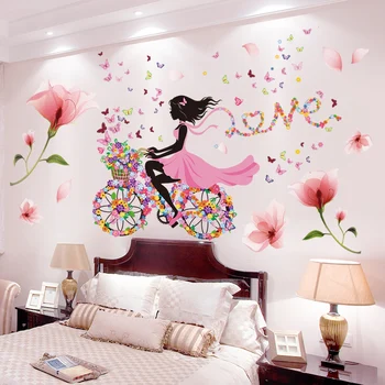 Розовые цветы, наклейки на стену с растениями, сделай САМ, Фея для девочек, Наклейки на стены для гостиной, детской спальни, Детской детской комнаты, украшения дома