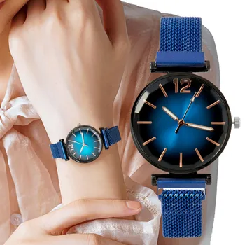 Роскошные 2023 Новые женские простые цифровые кварцевые часы, модные синие женские часы с магнитным покрытием из нержавеющей стали