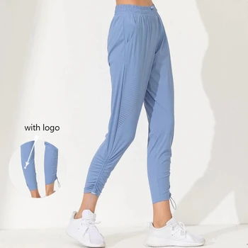 С логотипом Женские Спортивные брюки свободного кроя с завязками на высокой талии, быстросохнущие Повседневные спортивные брюки, блузки, Женская одежда для спортзала