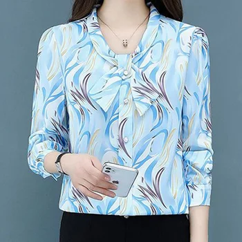Синяя шифоновая рубашка с модным принтом, элегантная блузка в корейском стиле 2023, повседневная рубашка с длинным рукавом и воротником-бабочкой для женщин