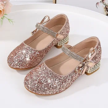 Туфли принцессы на высоком каблуке для девочек, летние новинки 2023 года, танцевальные туфли для свадебной вечеринки для девочек, детские хрустальные туфли