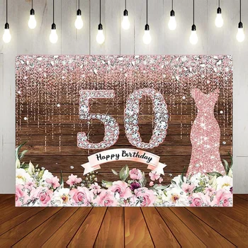 Фон для вечеринки по случаю 50-летия, баннер, прекрасная женщина, черные цветы, Золотой 50-летний плакат, Юбилейная фоновая фотография