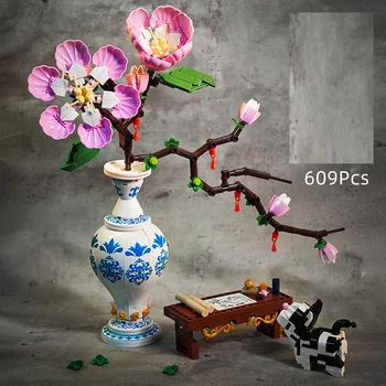 Цветок персика, сине-белая фарфоровая ваза в китайском стиле, 3D модель, строительный блок, кирпичи, творческая игрушка для сборки для детей