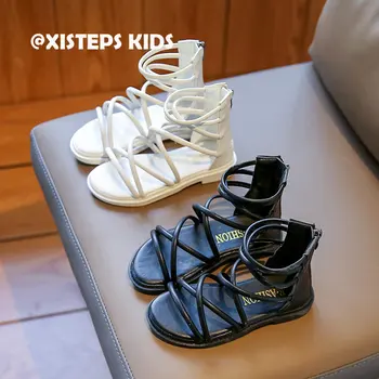 Черные Белые сандалии-гладиаторы для девочек, нескользящие резиновые сандалии с высоким берцем, обувь для малышей от 3 до 12 лет, обувь для малышей 2023 года.