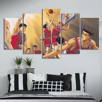 Японское аниме Холст, плакат, картина в рамке, 5 предметов, мультяшное настенное искусство, Баскетбол, спорт для детской комнаты, домашний декор с рамкой